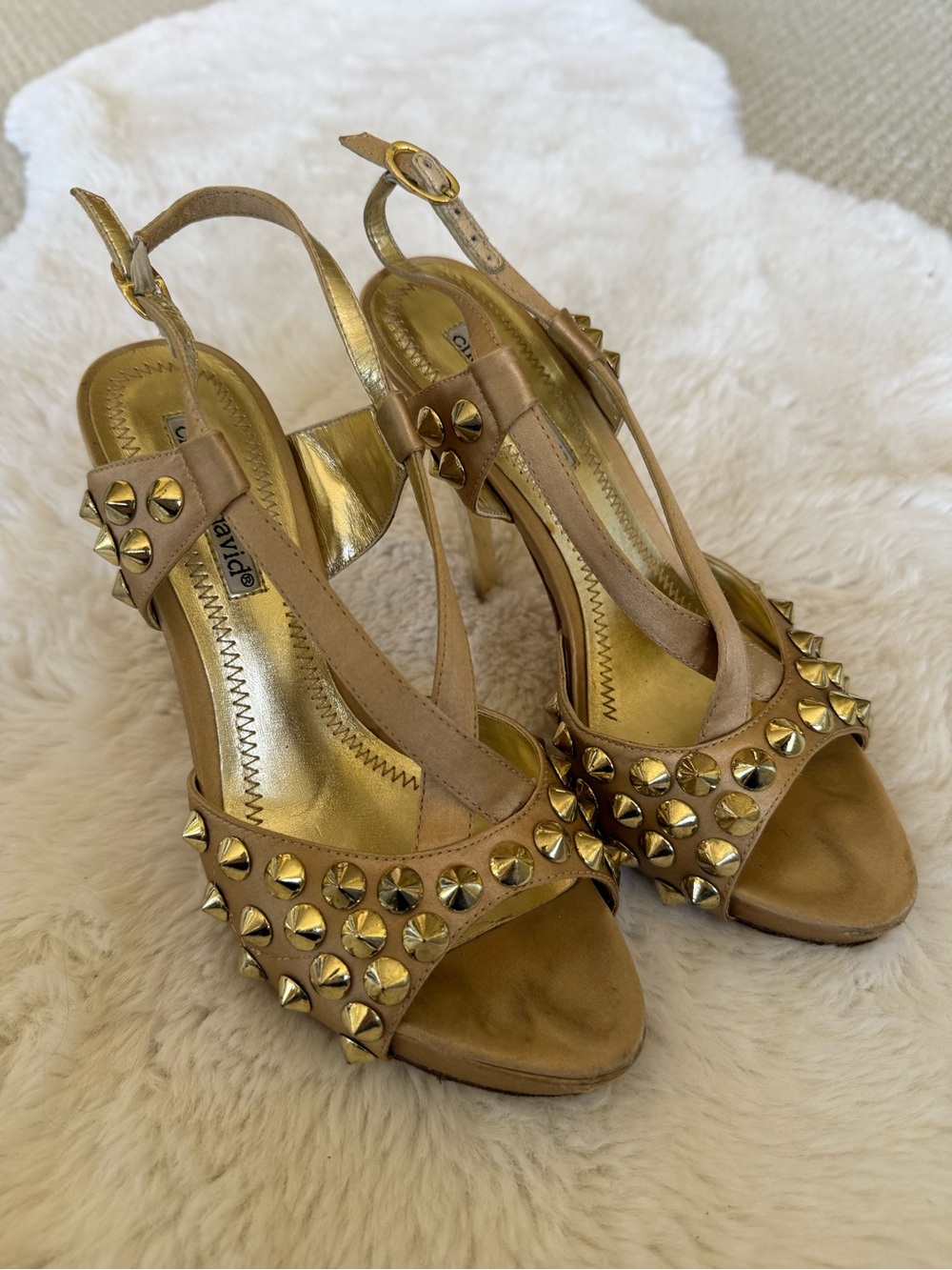 Charles David Champagne Satin Gold Studded Open-Toe Slingback Heels